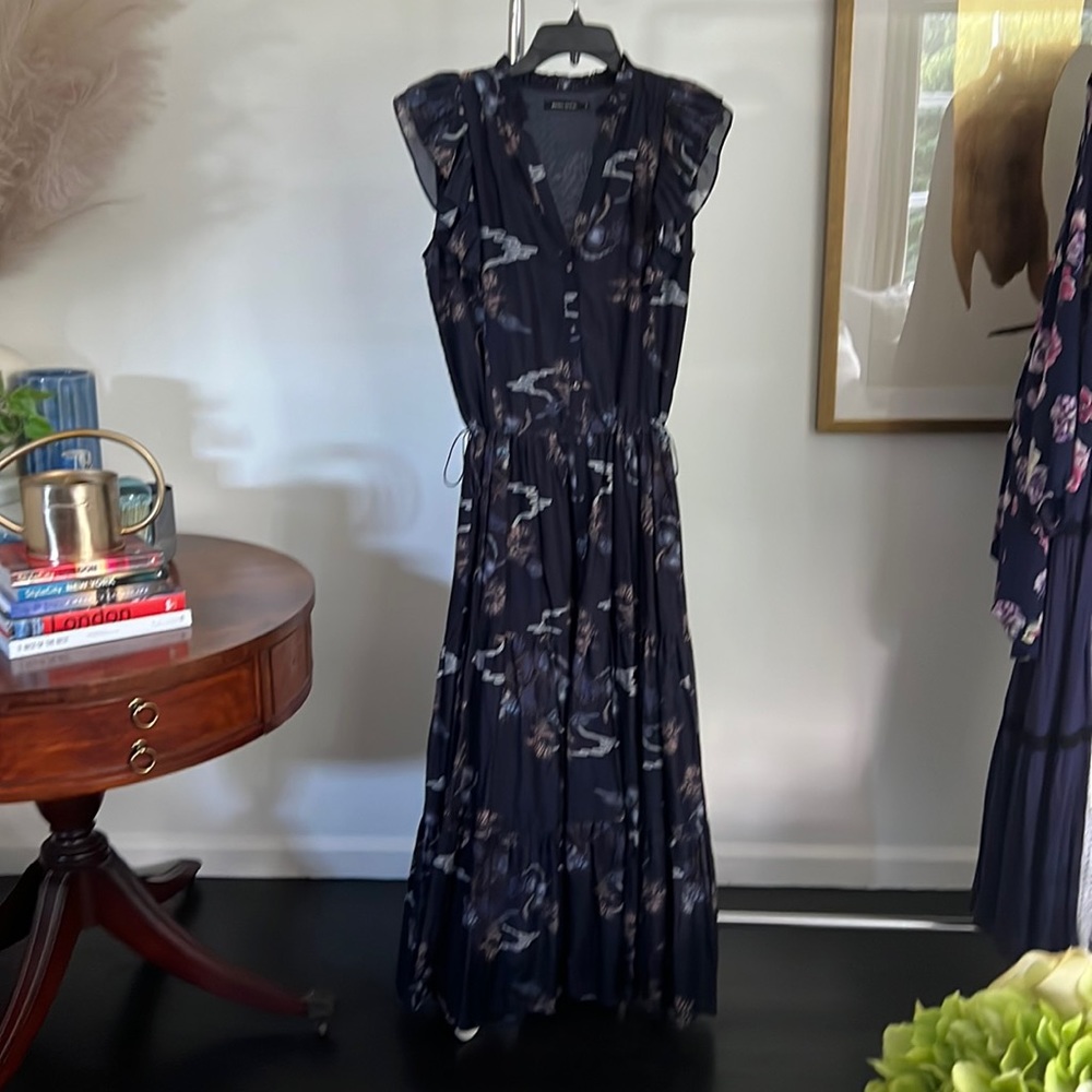 Navy blue Magali Pascal maxi dress, light cotton with batik print, Medium